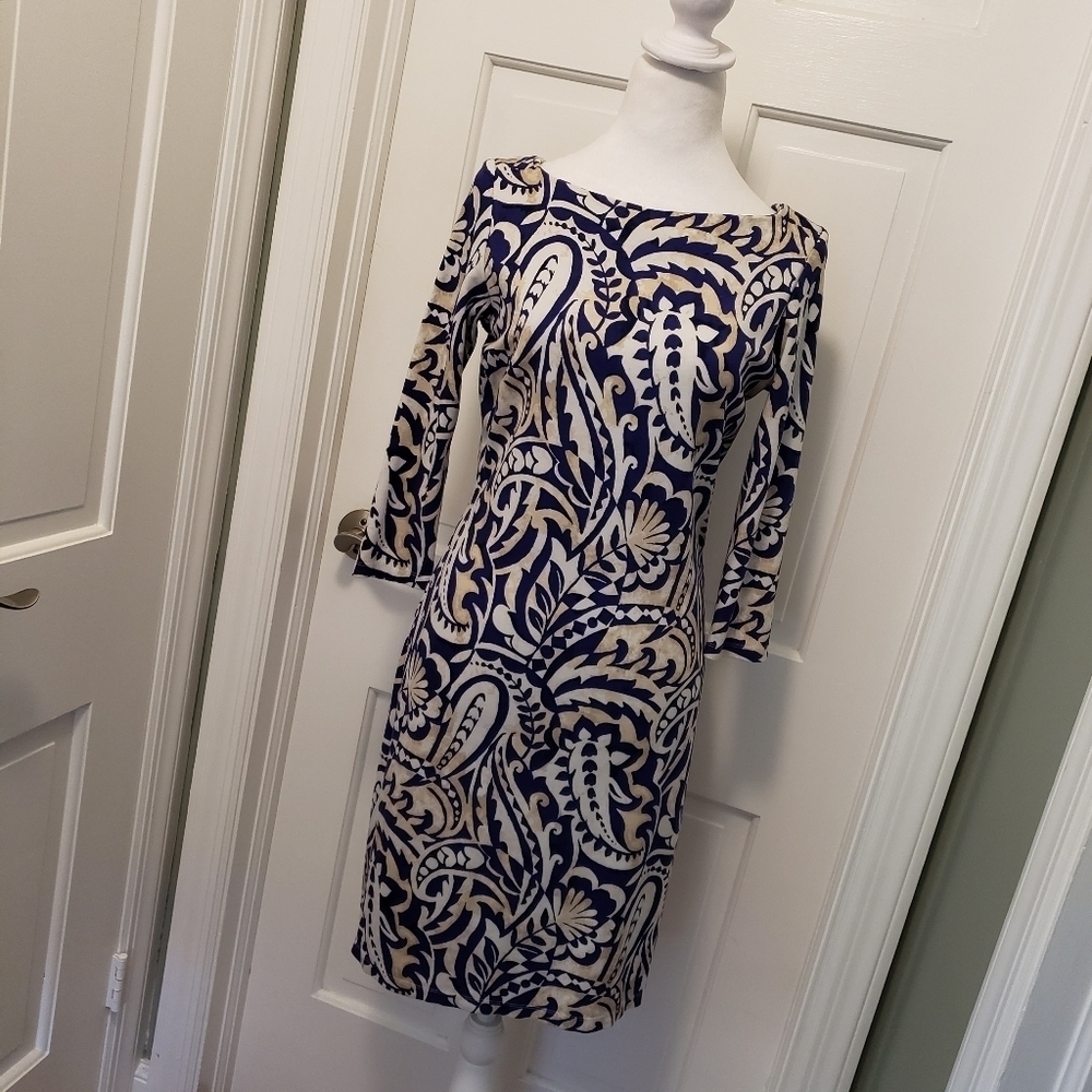 J. McLaughlin Imogen Sheath Stretch Knit Dress Paisley Scroll Print XS, Preppy